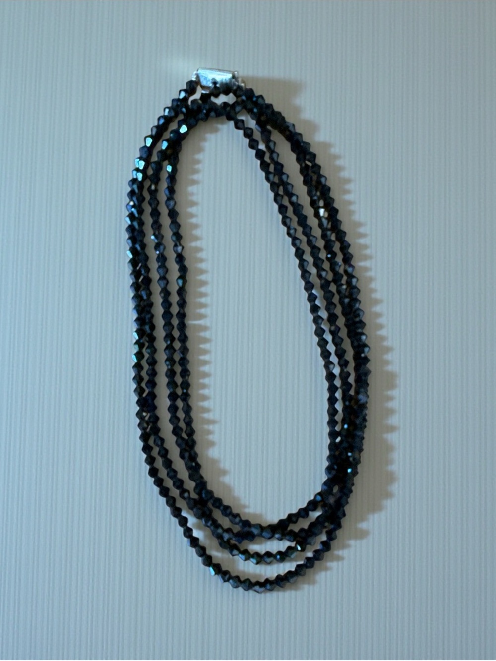 Vintage Metall Germany Black Faceted Glass Bead Flapper Box Clasp Necklace 66”